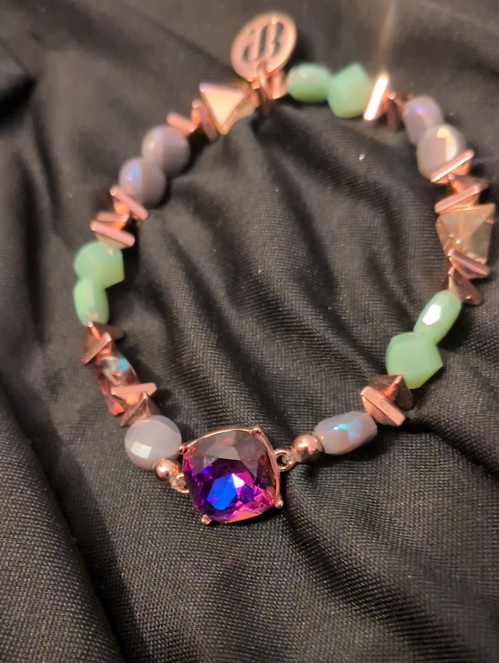Bomb Party Rose Gold Bracelet with Purple Center Gem and Mint Beads